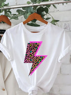 Women's Cheetah Neon Lightning Bolt Graphic Sleeve Round Neck Casual Top Vibrant Pink & Yellow on Lightweight Summer Spring Tee