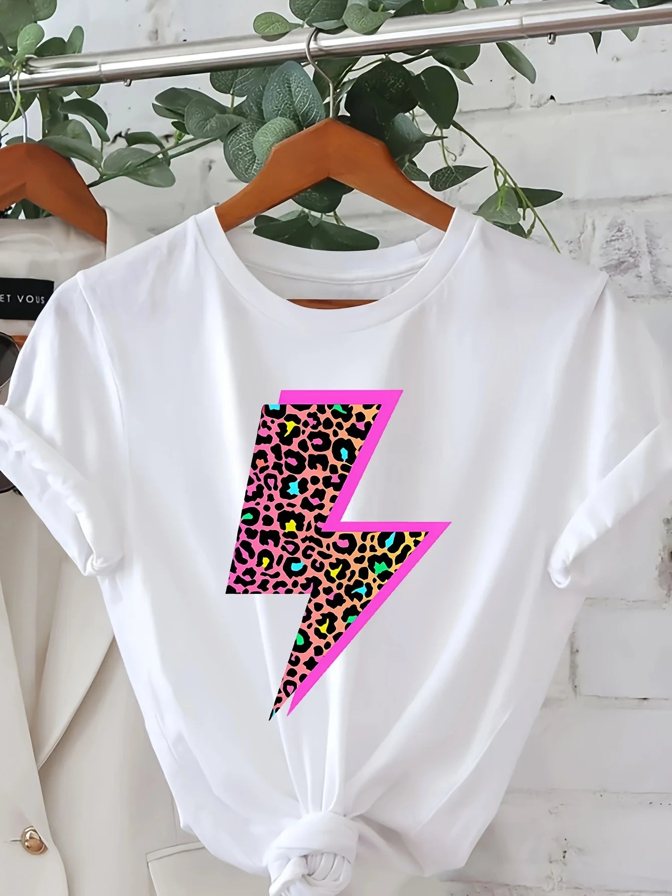 Women's Cheetah Neon Lightning Bolt Graphic Sleeve Round Neck Casual Top Vibrant Pink & Yellow on Lightweight Summer Spring Tee