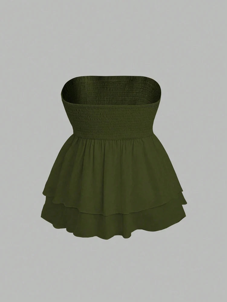 Plus Size Women's 2025 Summer New Sleeveless Tube Holiday Style Solid Color Double Layer Ruffle Swing Tube Women's Tops