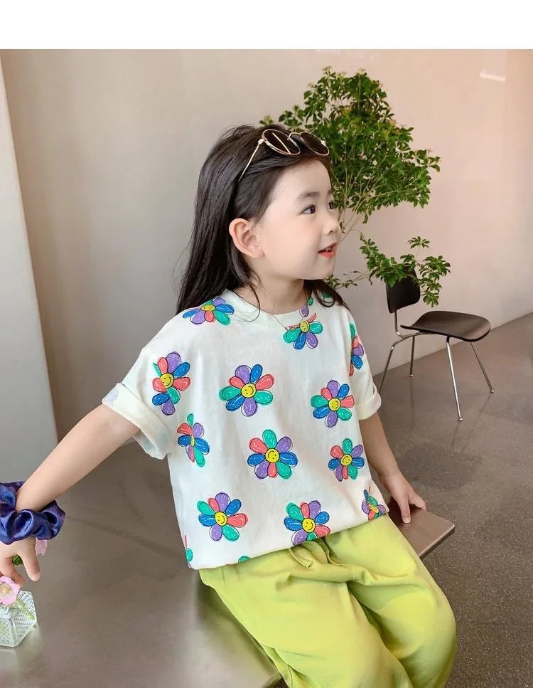 1pcs Summer Kids Flower Print Tops Clothes Girls Korean Style Shirt Children Short Sleeve T-shirts Child Casual Comfort T Shirs