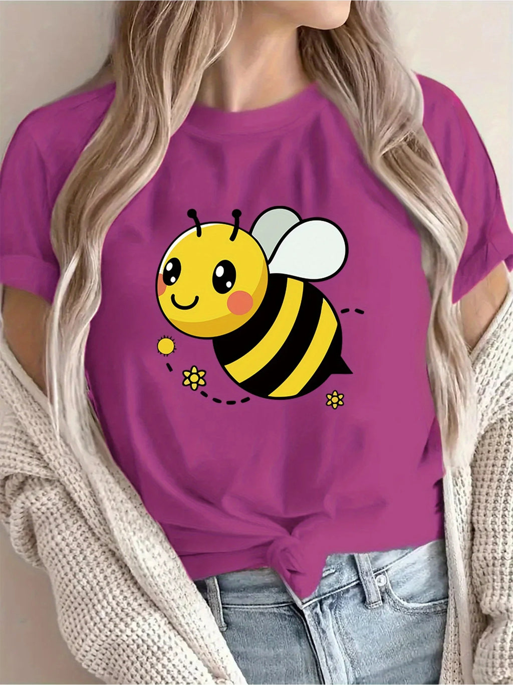Women's Casual Short Sleeve T-Shirt Cute Cartoon Bee & Floral Print Breathable Round Neck Tee for Spring/Summer