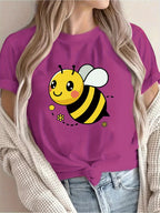 Women's Casual Short Sleeve T-Shirt Cute Cartoon Bee & Floral Print Breathable Round Neck Tee for Spring/Summer