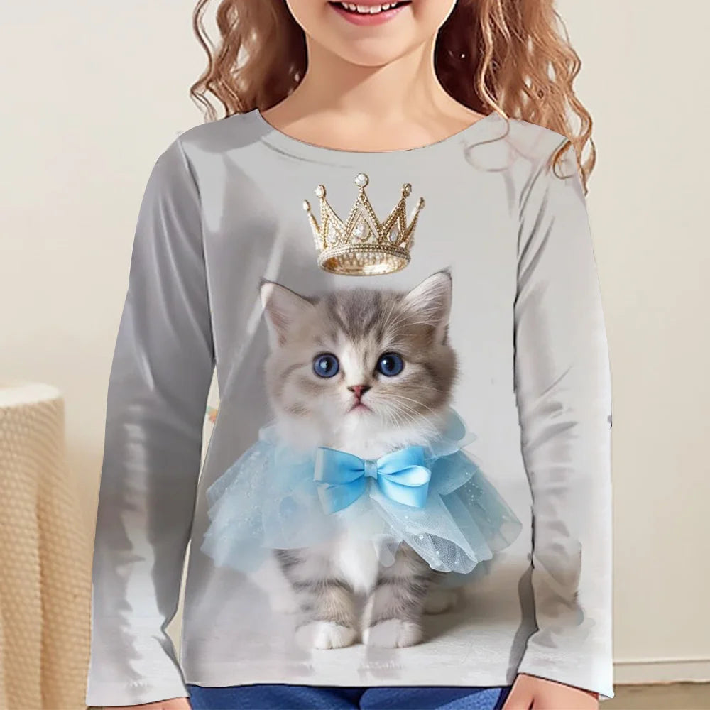 Children's Clothing Girl T-Shirts Top Long Sleeve Children T-Shirt Cute Cat Print Casual Kids Summer Autumn Clothes Girl Clothes