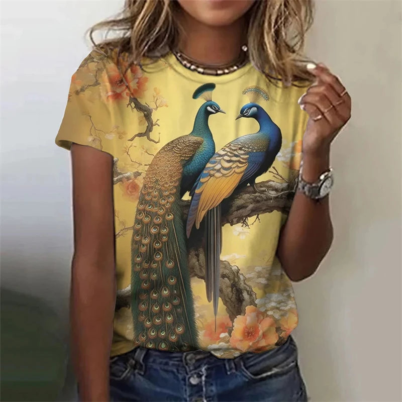 Fashion Women's T-shirt With Cute Peacock Graphic 3D Printed Short Sleeve Summer T-shirts Oversized Loose Women's Clothing