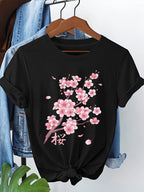 Women's Casual T-shirt, Cherry Blossom Print, Short Sleeves, Round Neck, Spring/summer Floral Design, with Japanese Characters.