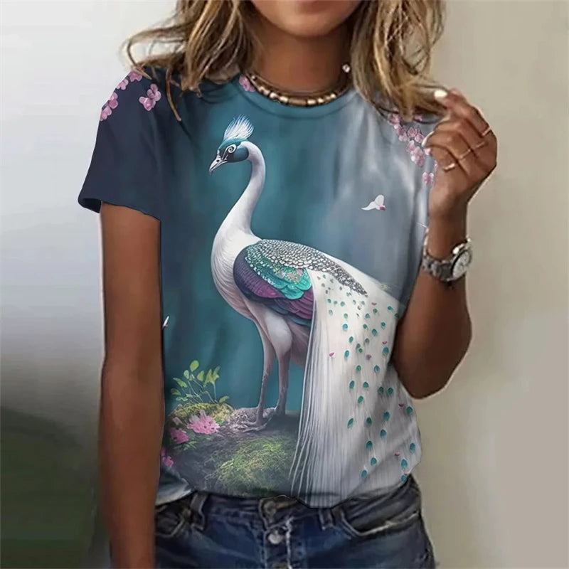 Fashion Women's T-shirt With Cute Peacock Graphic 3D Printed Short Sleeve Summer T-shirts Oversized Loose Women's Clothing