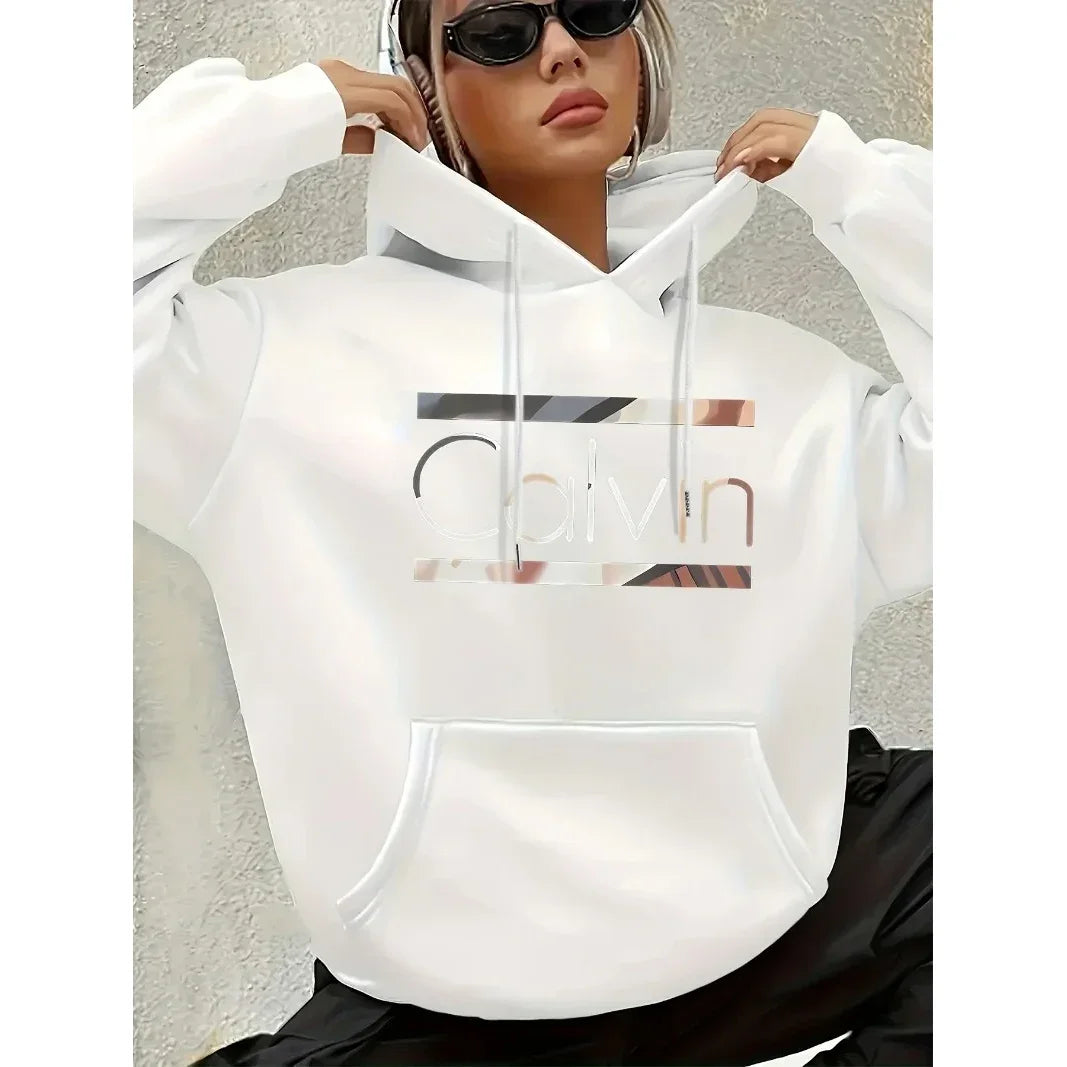 Street Style Calvin Hoodie Women's Plus Size _Calvin_ Pattern Hoodie - Casual Long Sleeved Pullover with Pocket hoodies women