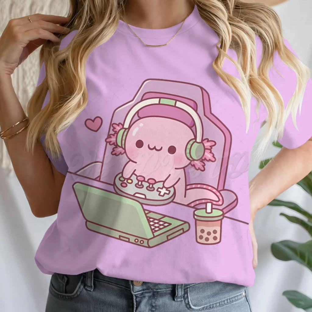 Girls' Summer Clothes Cute Axolotl Playing Games Graphic T-Shirt 3D Print Tie Dye Children's Clothing for Girl Short Sleeve Tee