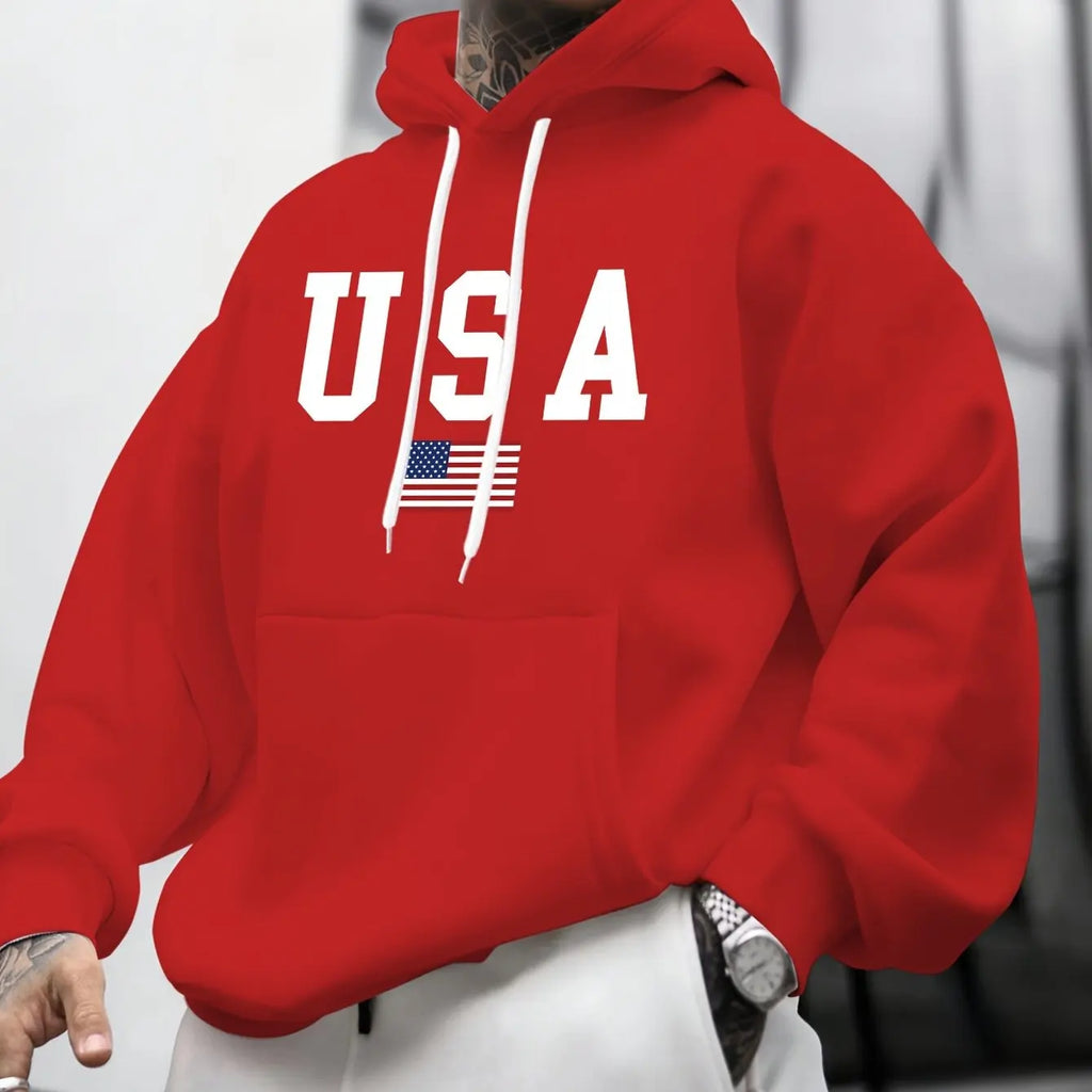 Men's autumn and winter casual fashion loose American flag graphic print long sleeved hooded sweatshirt warm pullover