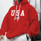 Men's autumn and winter casual fashion loose American flag graphic print long sleeved hooded sweatshirt warm pullover