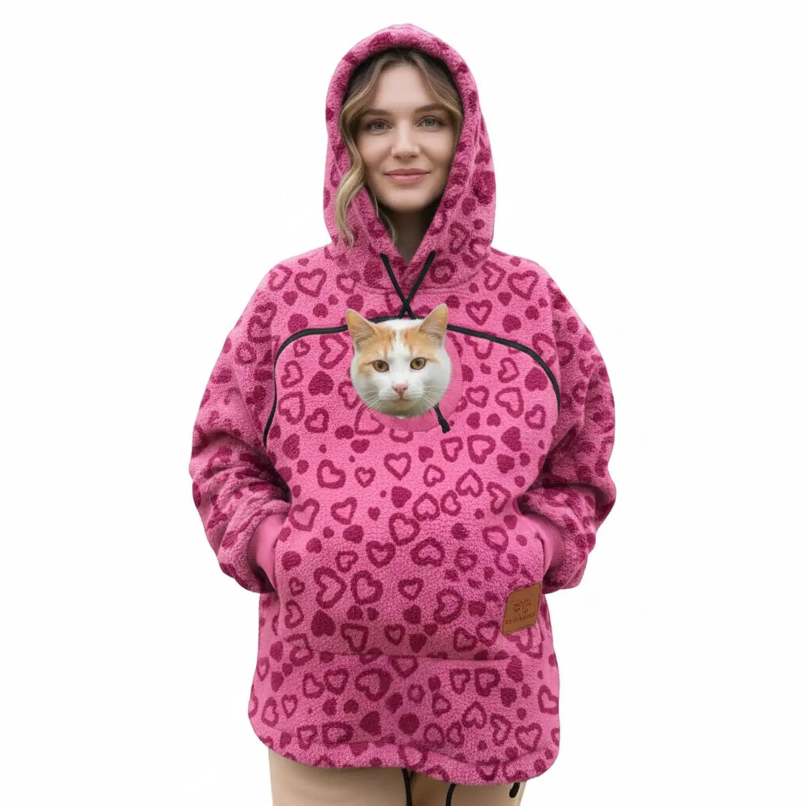 Ladies Winter Hooded Lamb Velvet Zipper Kangaroo Pocket Cat Dog Mommy Outwear Sweatshirt Comfortable Street Style Trendy Fashion