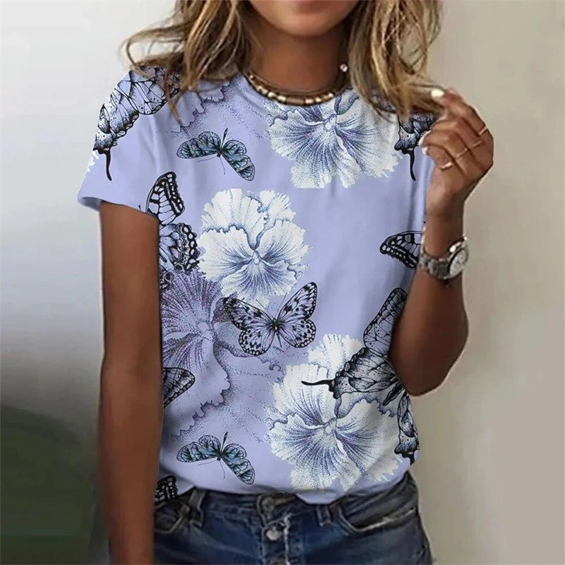 Summer Casual Vintage Women's T-shirts Ladies 3D Print Butterfly O-Neck T Shirt Female Fashion Loose Short Sleeve Tops Tees