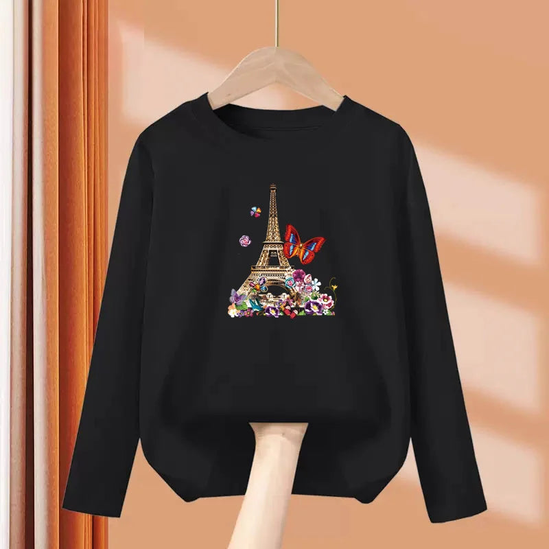 Girls New Autumn Clothes Paris Eiffel Tower T-shirt Long sleeved Cotton Tops Little Girl Butterfly Party Tees
