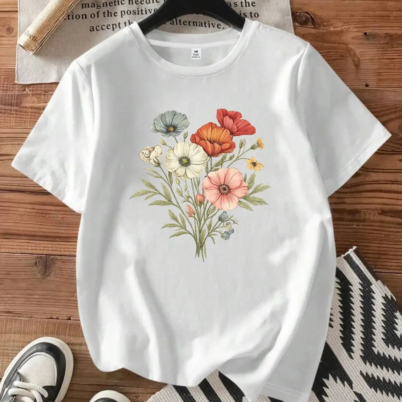 【WDS0020】Plus size women's round neck short sleeve T-shirt with elastic half sleeves and trendy prints