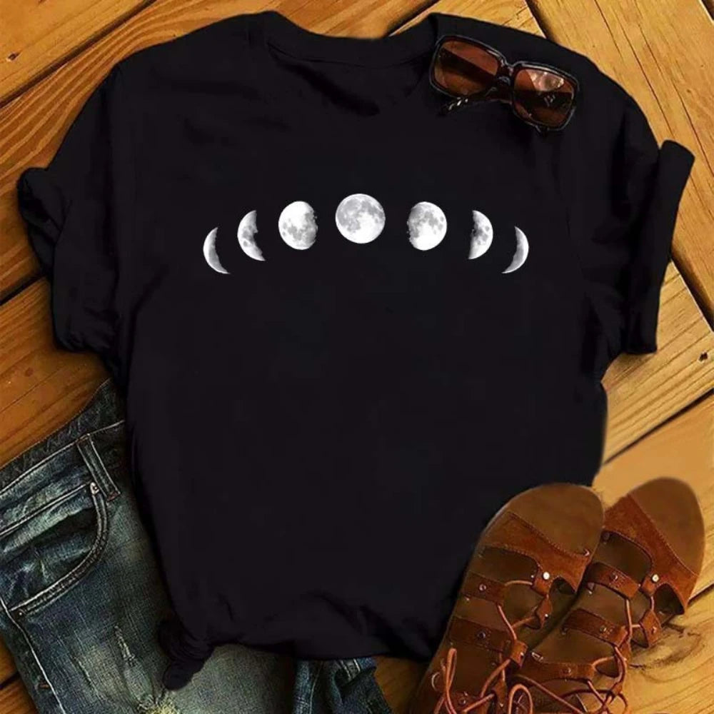 Gold and White Sun Moon Stars Print Women T Shirt Short Sleeve Women Tshirt Durable Plus-size Casual T-shirt Daily Streetwear