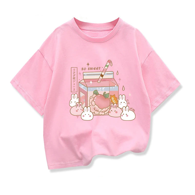 Girls Loose Strawberry Milk Shake Casual T-shirt Kids Short-Sleeve Cartoon Graphic Pink Summer Kids Clothing Tops Tee