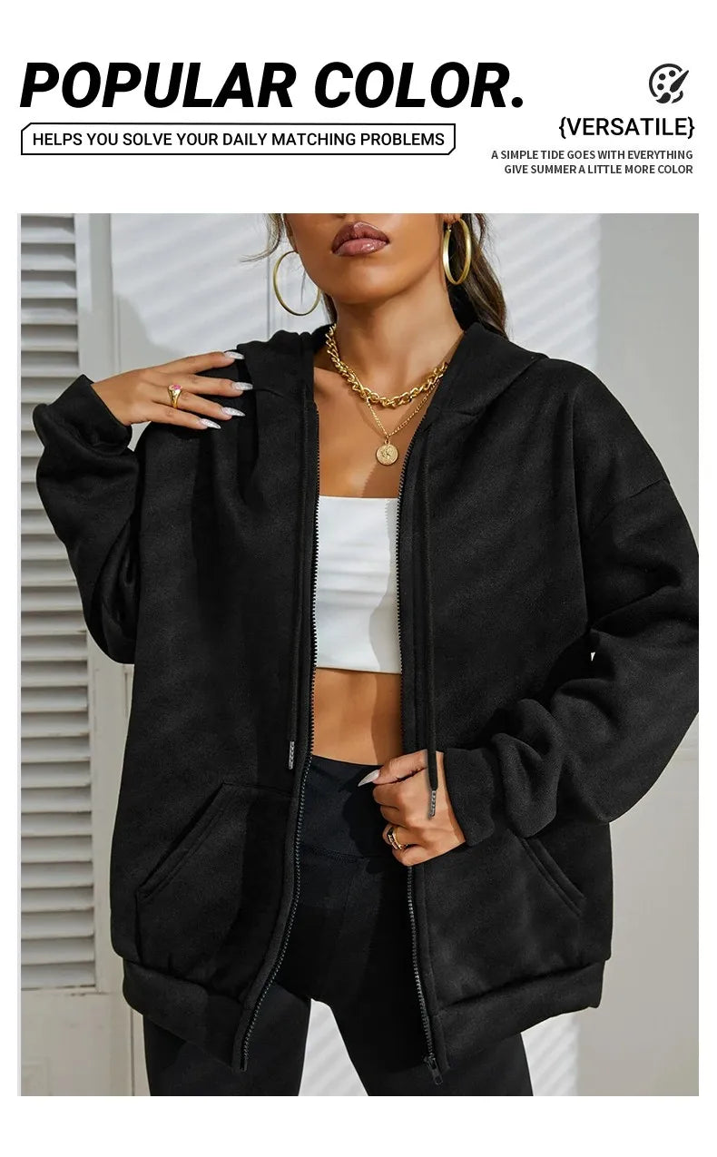 New Solid Zipper Hoodie Women Warm Fleece Hoodies Autumn Casual Hoody  Street Pocket Sportswear Oversized All-Match Female veste