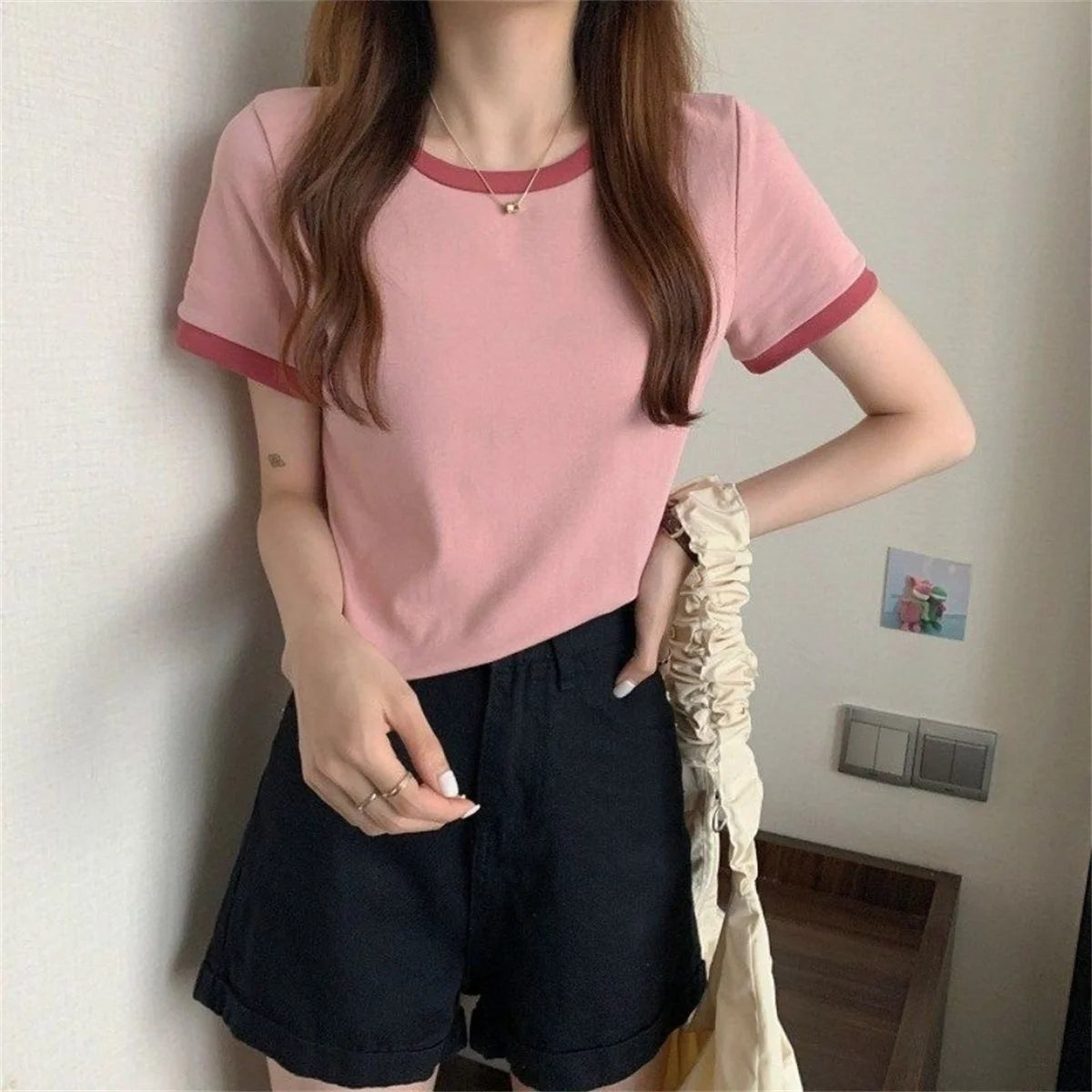 Fashion Patchwork T-shirts Women Basic Tee Casual Oversized Tops Quality Unisex Short Tshirts Tees Girl Summer Clothing Tops