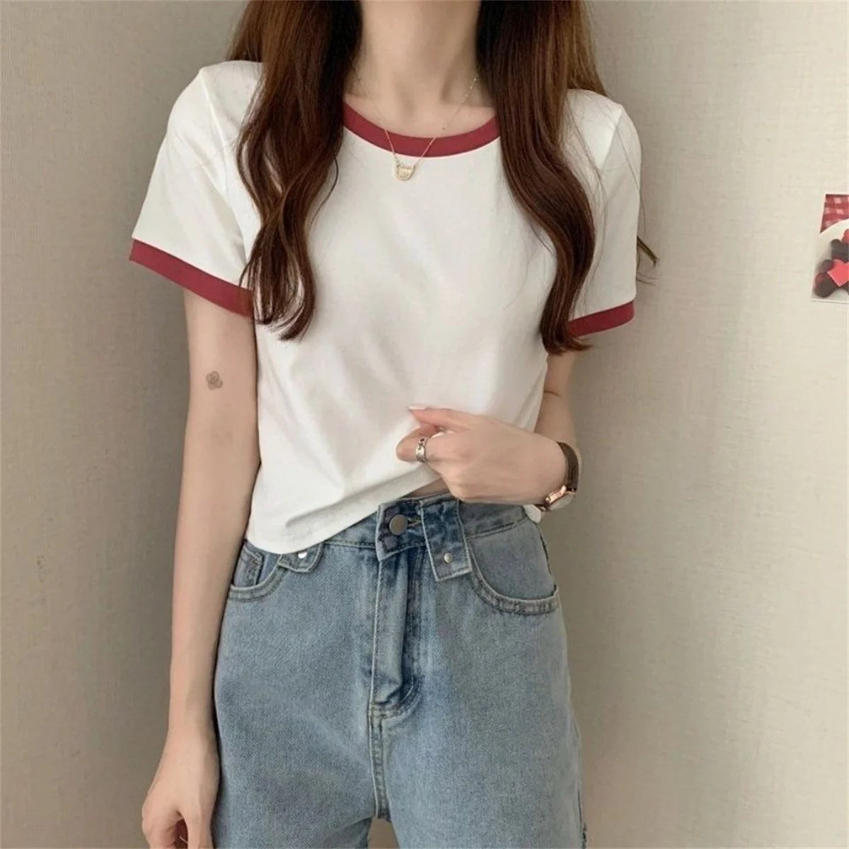 Fashion Patchwork T-shirts Women Basic Tee Casual Oversized Tops Quality Unisex Short Tshirts Tees Girl Summer Clothing Tops