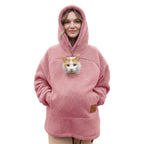 Ladies Winter Hooded Lamb Velvet Zipper Kangaroo Pocket Cat Dog Mommy Outwear Sweatshirt Comfortable Street Style Trendy Fashion