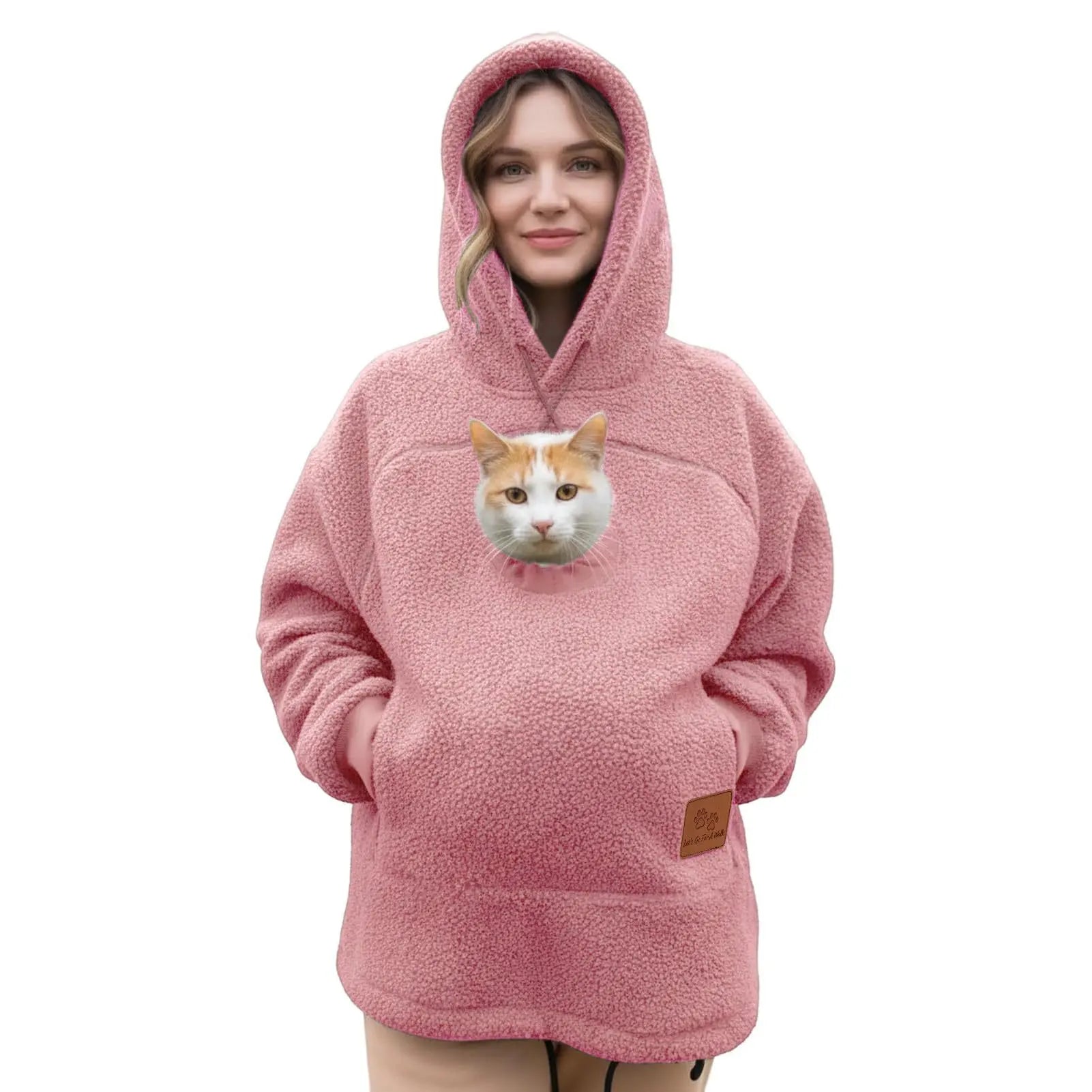 Ladies Winter Hooded Lamb Velvet Zipper Kangaroo Pocket Cat Dog Mommy Outwear Sweatshirt Comfortable Street Style Trendy Fashion