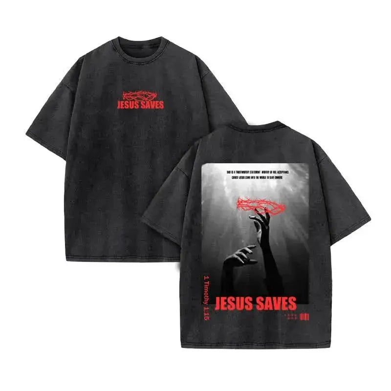 Jesus Christian Design New Summer Men's Top T-shirt Wash Short Sleeve Street Print Vintage T-shirt Oversized for Men and Women