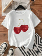 【WDS0018】Plus size women's round neck short sleeve T-shirt with elastic half sleeves and trendy prints