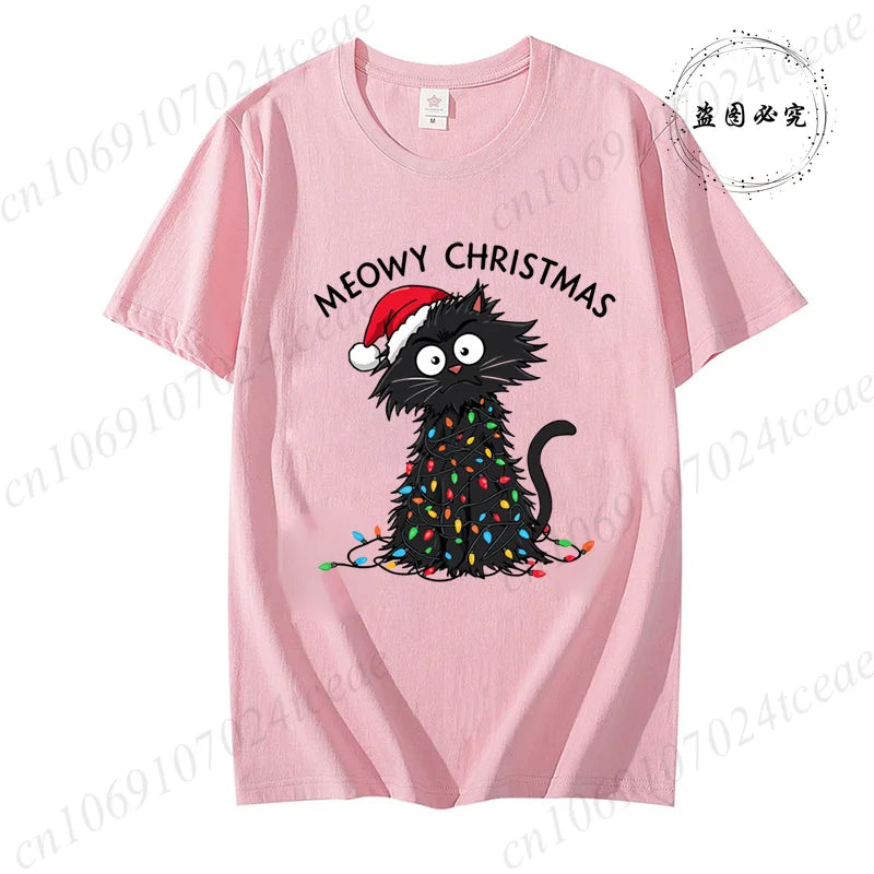 Women'S Casual Graphic T-Shirt - Meowy Christmas Print, Short Sleeve O Neck Top for Christmas Xmas T-Shirts Christmas Santa Tees