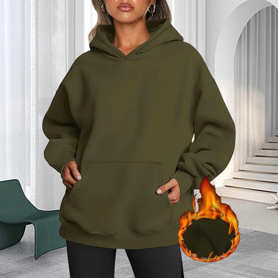 Plus Size Solid Color Kangaroo Pocket Casual Long Sleeve Hoodie, Women's Sweatshirt For Fall & Winter