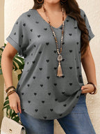 Plus Size Heart Design Pattern Printed T-shirts Summer Fashionable High Quality Short Sleeved Casual Sports V-Neck Pullover Tops