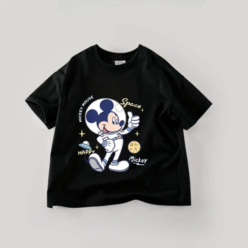Disney Mickey Boys T Shirts Short Sleeved Tops Cartoon Cotton Kids Clothing Summer Casual Simple Children Tees Toddler Costume