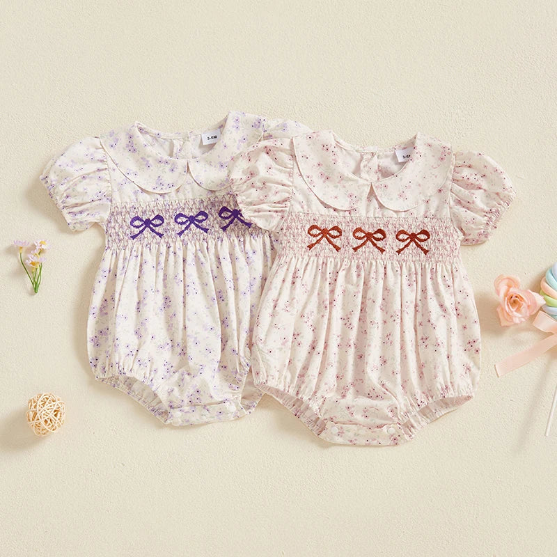 0-18M Infant Baby Girls Bowknot Embroidered Rompers Lovely Floral Print Doll Collar Short Sleeve Bubble Jumpsuits for Newborn