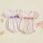 0-18M Infant Baby Girls Bowknot Embroidered Rompers Lovely Floral Print Doll Collar Short Sleeve Bubble Jumpsuits for Newborn