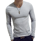 White Solid Color Basic Slim Men T-shirt Spring Autumn Bottoming Shirt Men Round Neck V-neck Casual Tops Long-sleeve Shirts