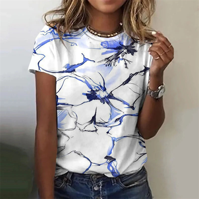 Women's T-Shirts Flowers Fashion Print O Neck Short Sleeve Tees O-Neck Personality Women Summer Harajuku Loose Female Clothing