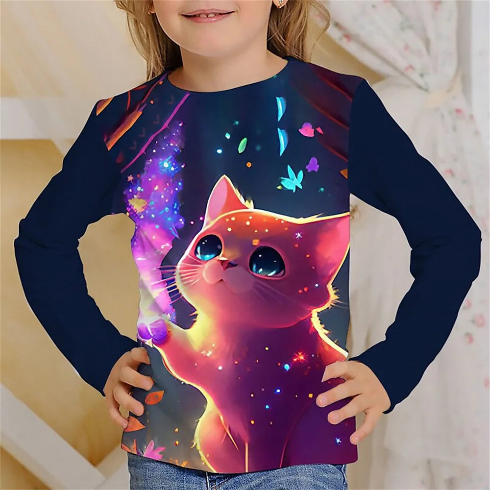 Girls Clothes for Kid Long Sleeve T-Shirt Children from 9 to 12 Years Cute Cartoon Cat Animal Printed Polyester Autumn Tee Shirt