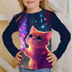 Girls Clothes for Kid Long Sleeve T-Shirt Children from 9 to 12 Years Cute Cartoon Cat Animal Printed Polyester Autumn Tee Shirt