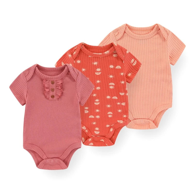 Unisex Cotton Newborn Baby Boy Clothes 3Pieces Summer 0-12M Cartoon Baby Girl Clothes Print Bodysuits Short Sleeve Bebes