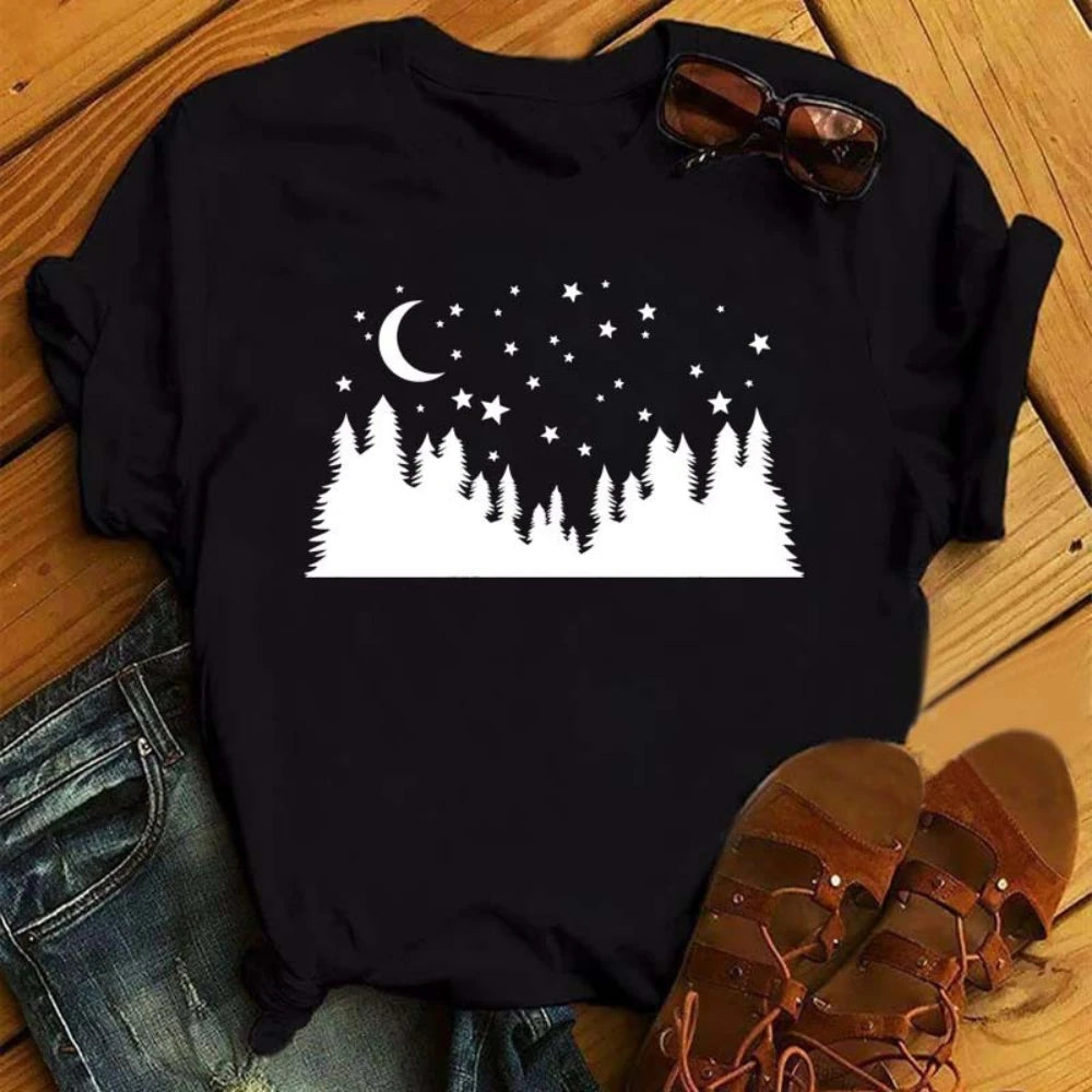 Gold and White Sun Moon Stars Print Women T Shirt Short Sleeve Women Tshirt Durable Plus-size Casual T-shirt Daily Streetwear