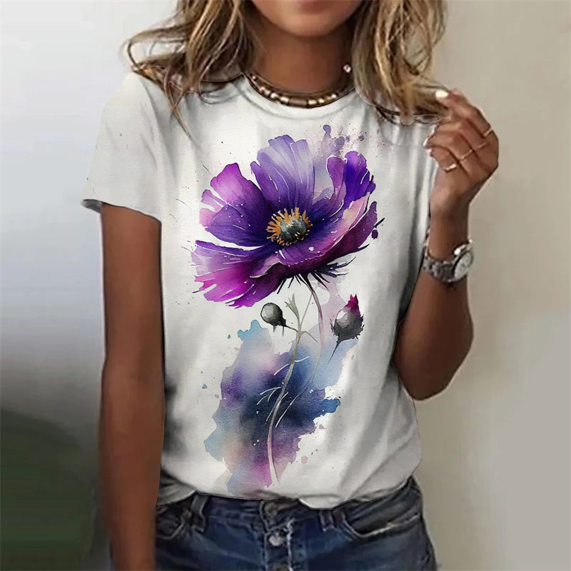 Women's T-Shirts Flowers Fashion Print O Neck Short Sleeve Tees O-Neck Personality Women Summer Harajuku Loose Female Clothing