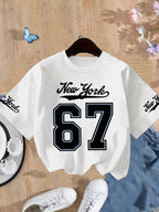 Girls' Number 67 New York Print Summer Short-Sleeve Pure Cotton T-Shirt Pink Elastic Round Neck Children's Top Fashion Design