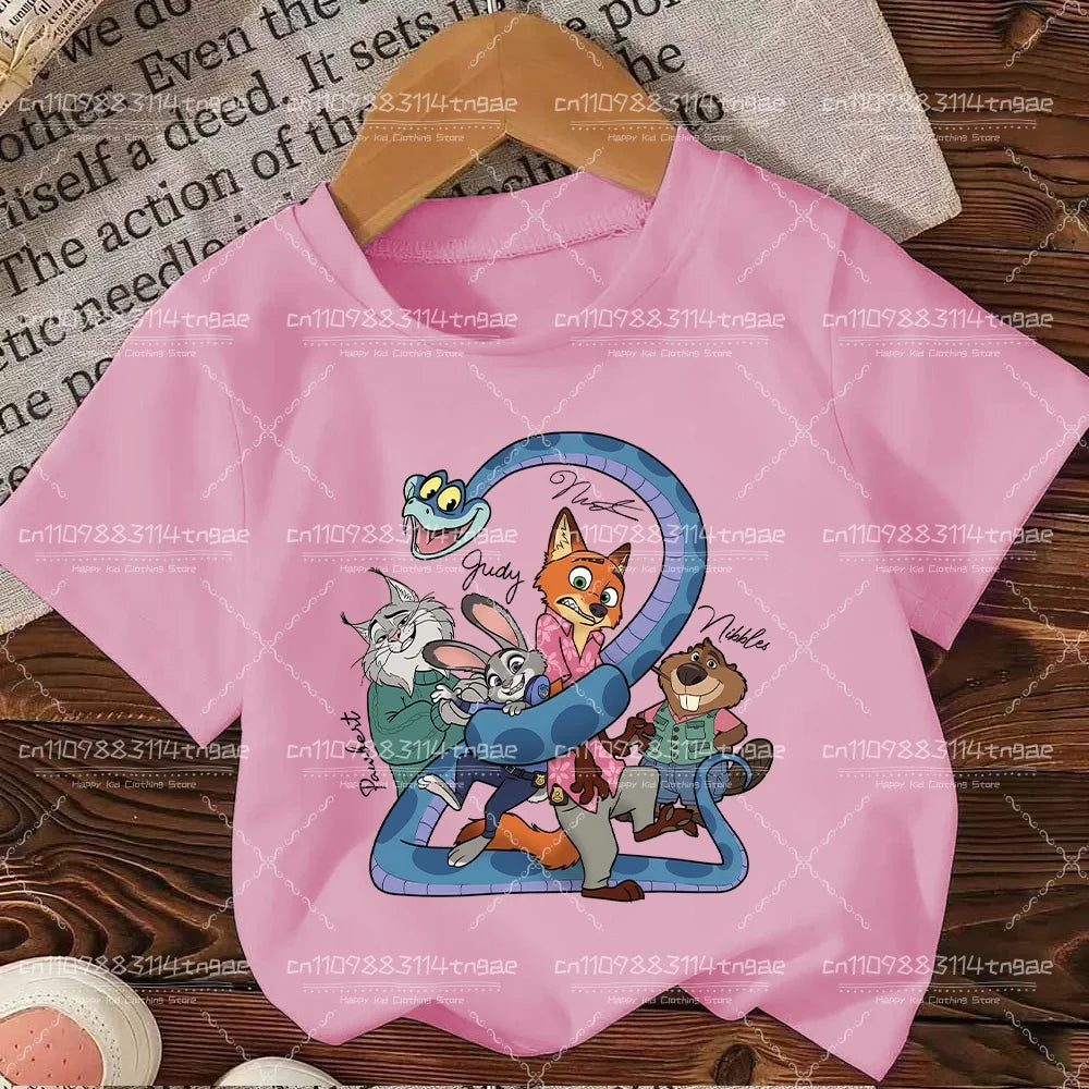 2026 Summer Children Girl Boy Cotton Clothes  Zootopia Cartoon Prints T-shirts Fashion Kid Baby Short Sleeve Crew Neck Top