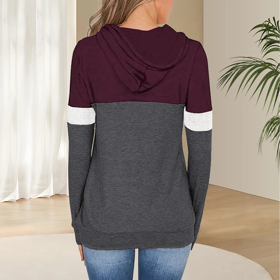 1pc Women'S Plus Size Color Block Hoodie, 95% Polyester 5% Spandex, Geometric Pattern, Slight Stretch, Knit Fabric, Hooded Pullo
