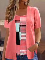 Elegant Geometric Print Mock Two-Piece T-Shirt | Plus Size Womens Summer Casual Top | Fashion Patchwork Design