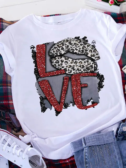 Plus Size Brave Soul L American Retro Letters Love White T-shirt Women Short Sleeve Round Neck Casual Top Summer Aesthetics Tops
