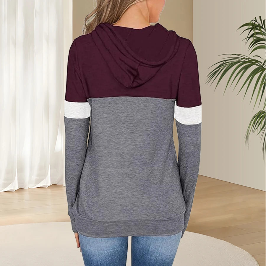 1pc Women'S Plus Size Color Block Hoodie, 95% Polyester 5% Spandex, Geometric Pattern, Slight Stretch, Knit Fabric, Hooded Pullo