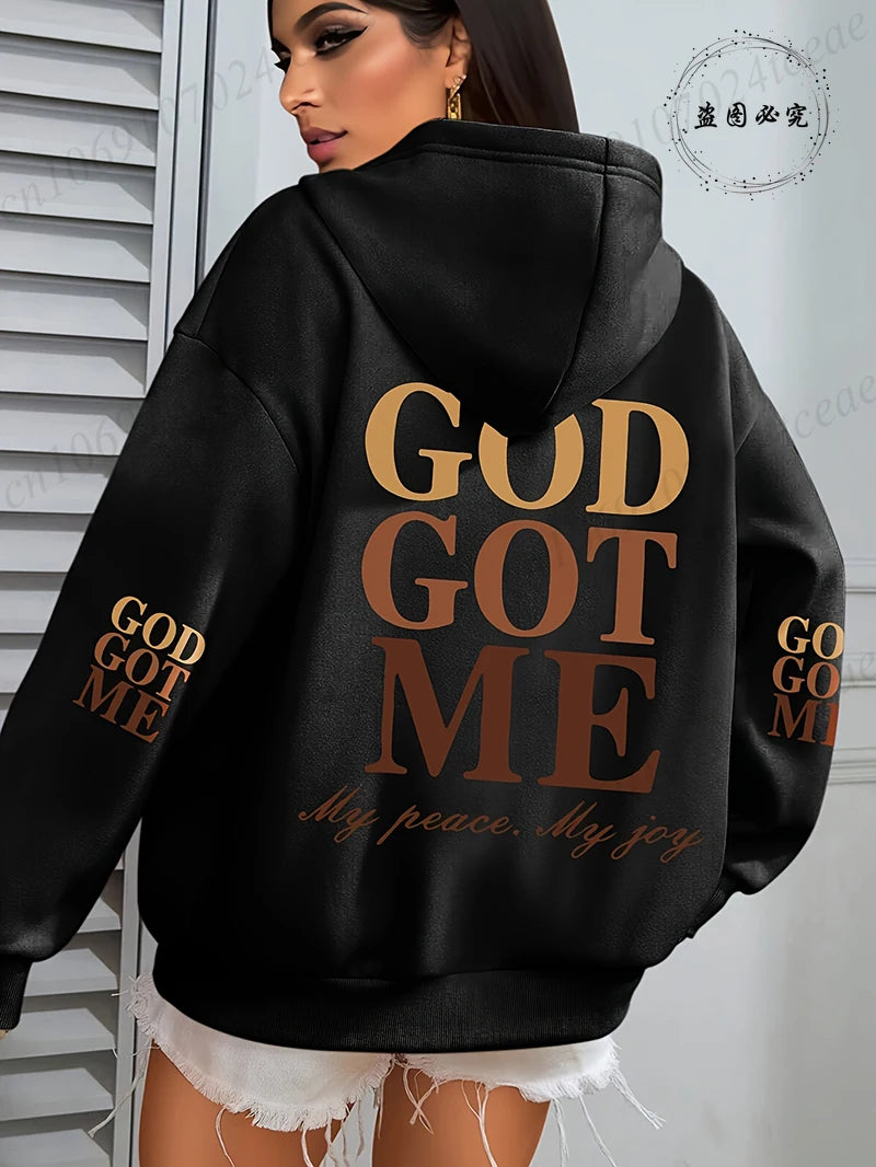New Hoodies God Got Me Print Pullover Fashion Women Oversized Hoodie Long Sleeve Casual Hooded Sweatshirt Christian Design Hoody