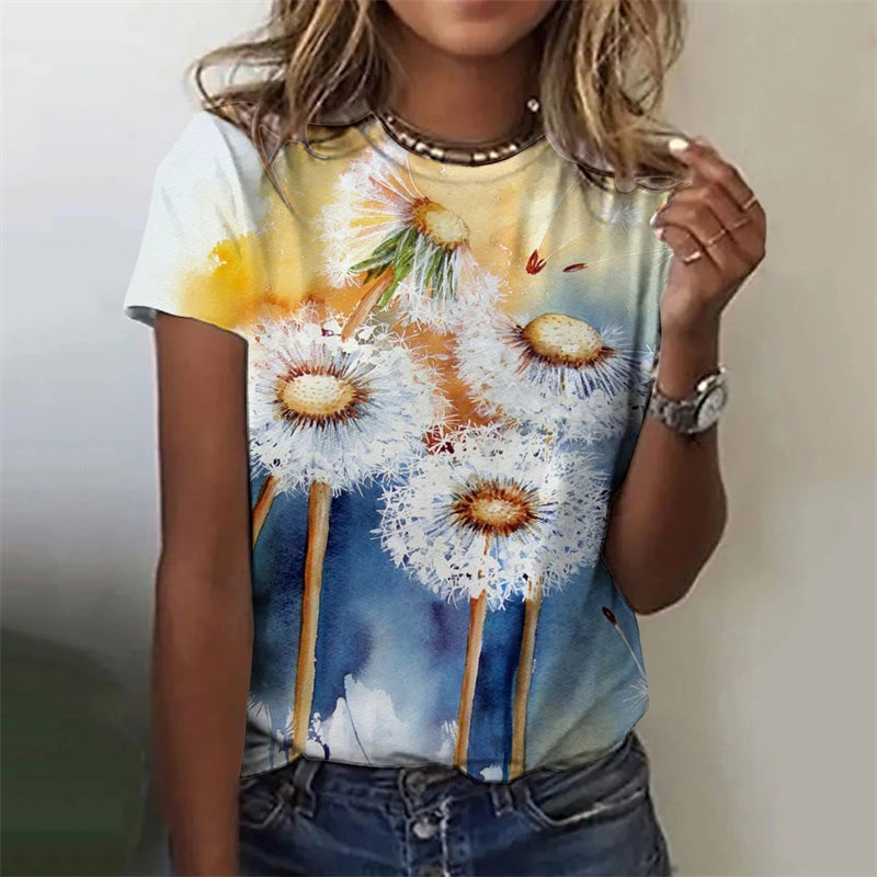 Women's T-Shirts Flowers Fashion Print O Neck Short Sleeve Tees O-Neck Personality Women Summer Harajuku Loose Female Clothing