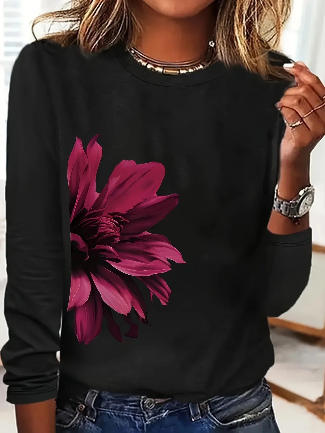 Faith Print Crew Neck T shirt Casual Long Autumn winter top women's long sleeved T-shirt loose comfortable black  white