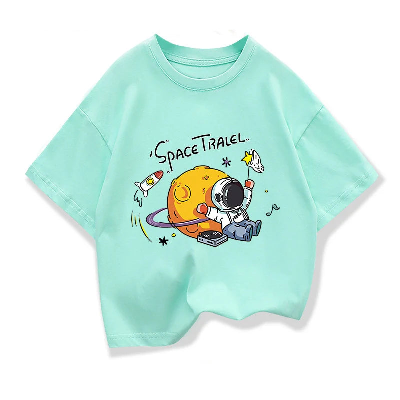 2025 New Kids Clothing Spaceman Travel Graphic Summer T-Shirt Boy And Girl Cotton Fashion Tops Teen Boys Loose Short Sleeve Tee
